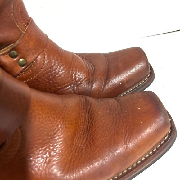Frye Brown distressed Leather Western motorcycle ankle boots square toes soles - Picture 4 of 10